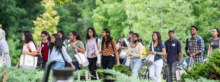 International students on an orientation walk around campus.